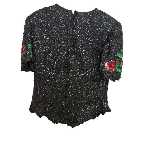 Vtg Lawrence Kazar Black Beaded Cocktail Top Blouse Silk XL Embellished - Picture 2 of 9